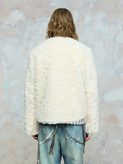 Tweed Plaid Lining Patchwork Fleece Decorated Button Jacket WN17839