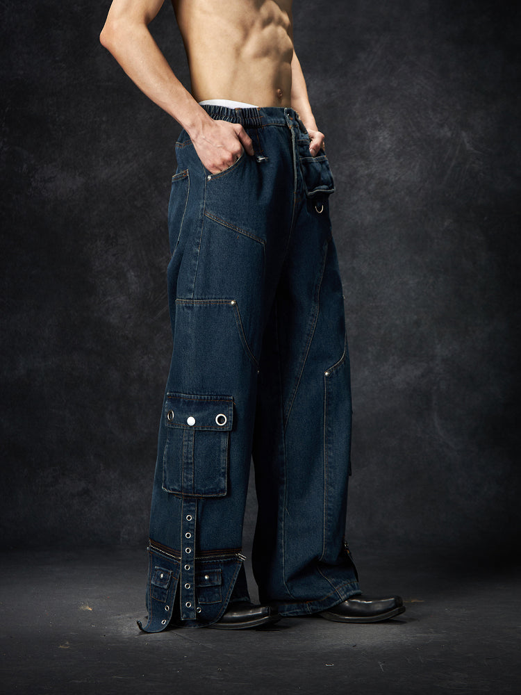 Multi-pocket Strap Washed Damage Wide Leg Denim Jeans WN15246