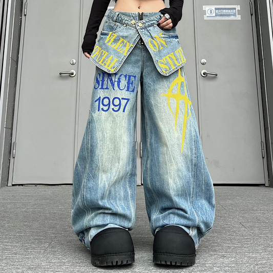 Fake Layered Panel Print Wide Leg Denim Jeans WN24231