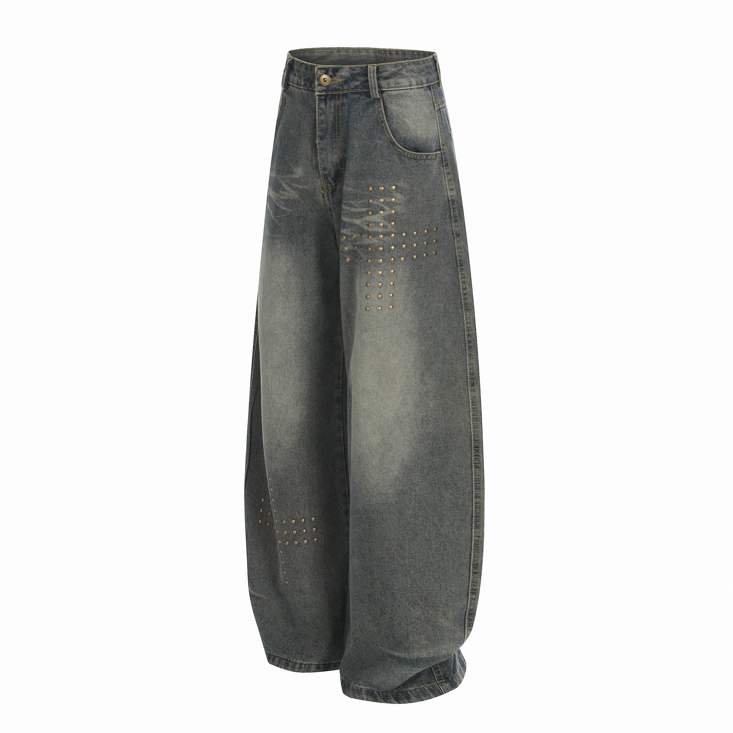 Washed Whisker Cross Studs Wide Leg Denim Jeans WN25798