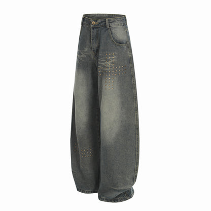 Washed Whisker Cross Studs Wide Leg Denim Jeans WN25798