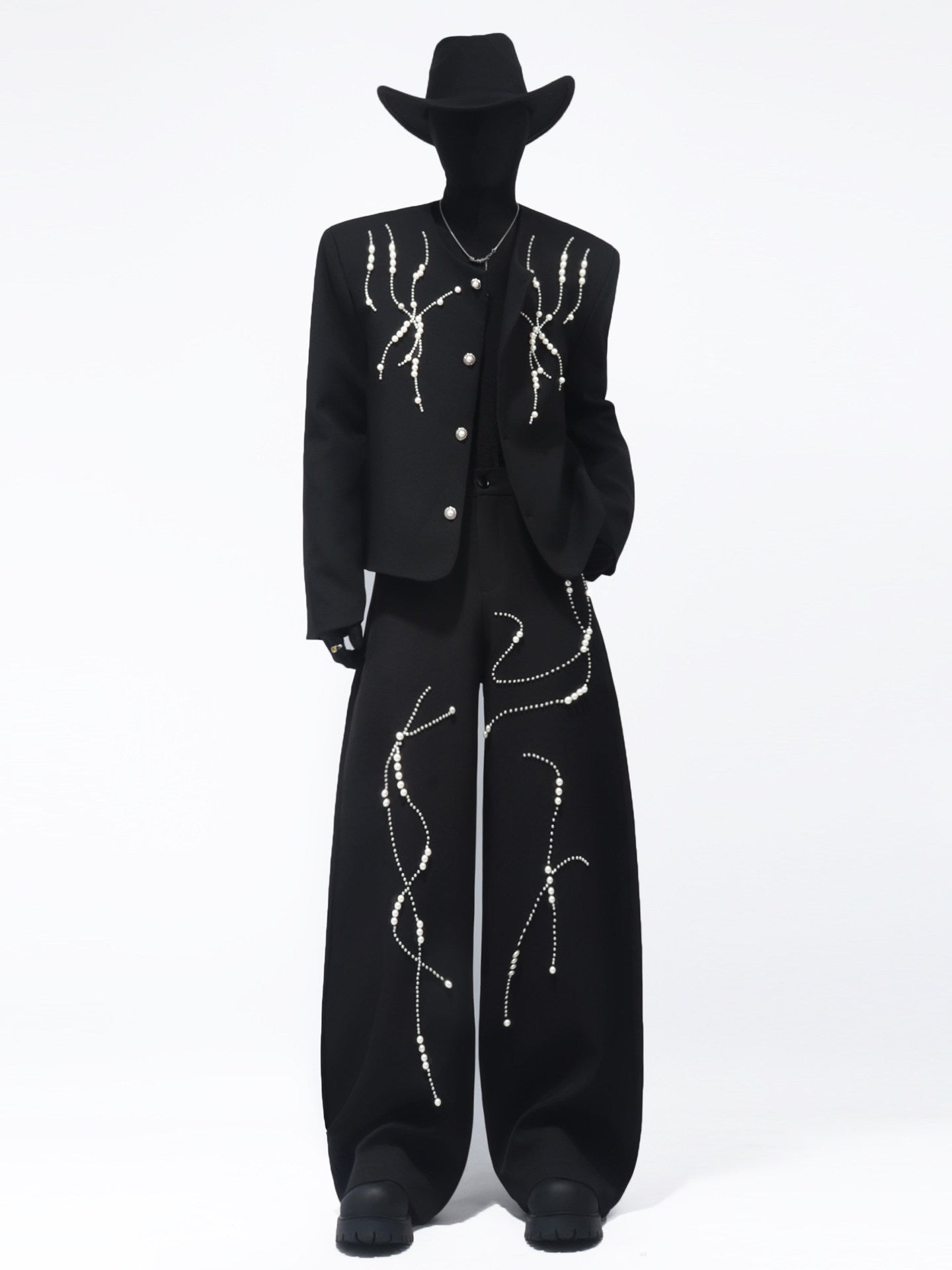Rhinestone Line Short Jacket & Rhinestone Line Wide Leg Trousers Setup WN23706