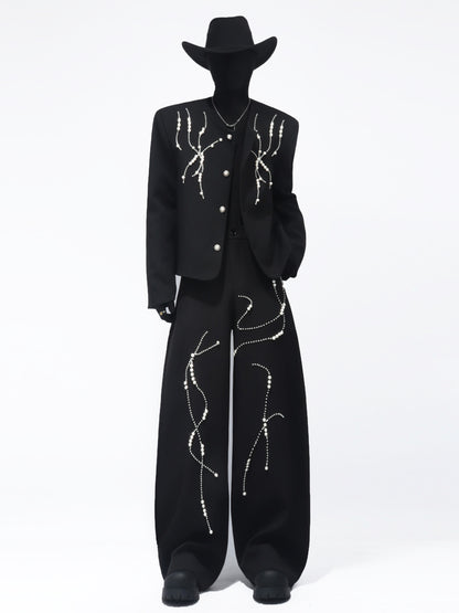 Rhinestone Line Short Jacket & Rhinestone Line Wide Leg Trousers Setup WN23706