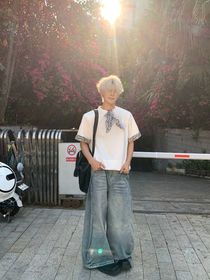 Snake Print Ribbon Contrast Short Sleeve T-Shirt WN19724