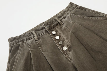 Multi-Button Pleats Wide Leg Barrel Denim Jeans WN26116
