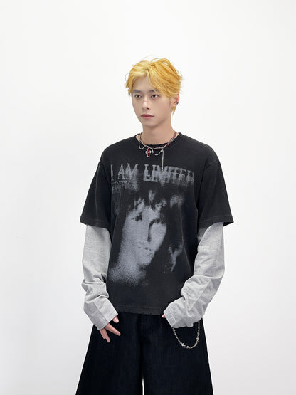 Fake Layered Portrait Print Damage Long Sleeve T-Shirt WN24281