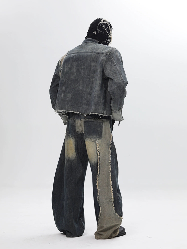 Deconstructed Patchwork Washed Denim Jacket & Damage Wide Leg Denim Jeans Setup WN18681