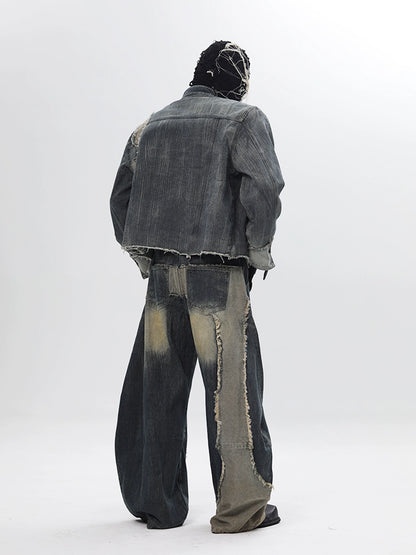 Deconstructed Patchwork Washed Denim Jacket & Damage Wide Leg Denim Jeans Setup WN18681