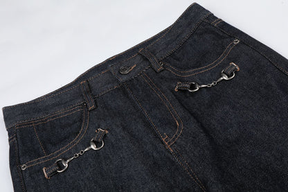 Washed Metal Buckle Wide Leg Denim Jeans WN26169