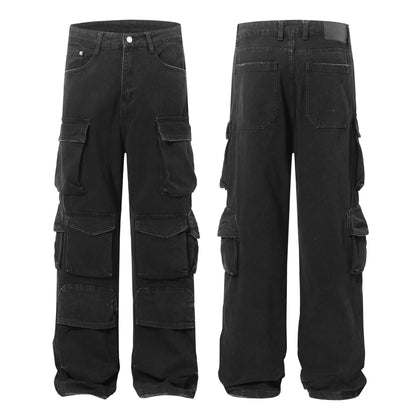 Washed Damage Multi-Pocket Straight Cargo Denim Jeans WN26078