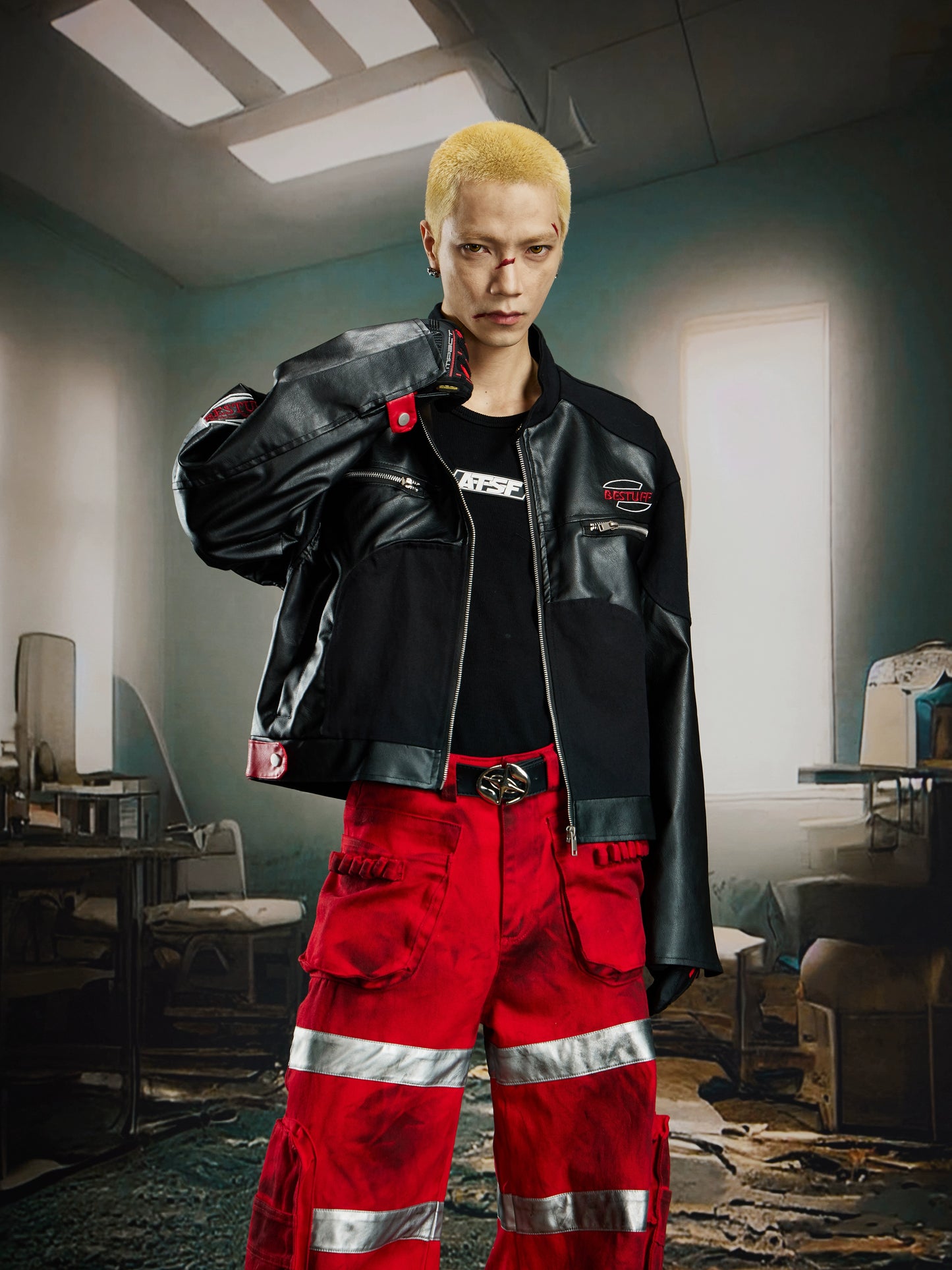 Contrast Patchwork PU Leather Jacket WN21376