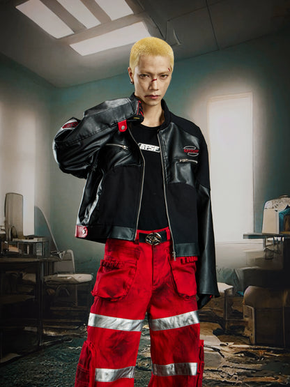 Contrast Patchwork PU Leather Jacket WN21376