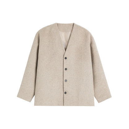 Collarless Solid Oversize Wool Knit Cardigan WN13340