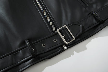 Zip-Up Belted Metal Buckle PU Leather Jacket WN23082