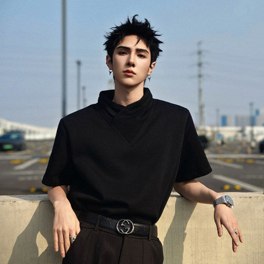Cross Drape Collar Short Sleeve T-Shirt WN25050
