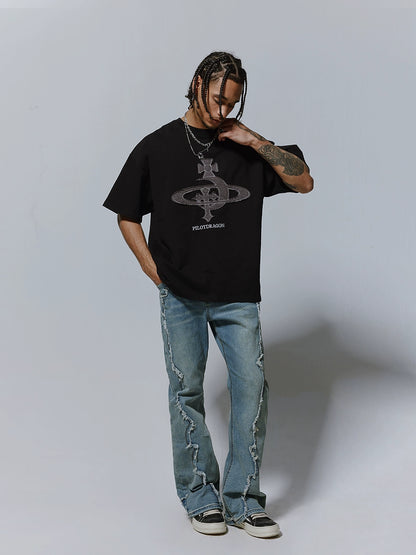 Raw Hem Seam Flare Washed Wide-Leg Straight Denim Jeans WN17611