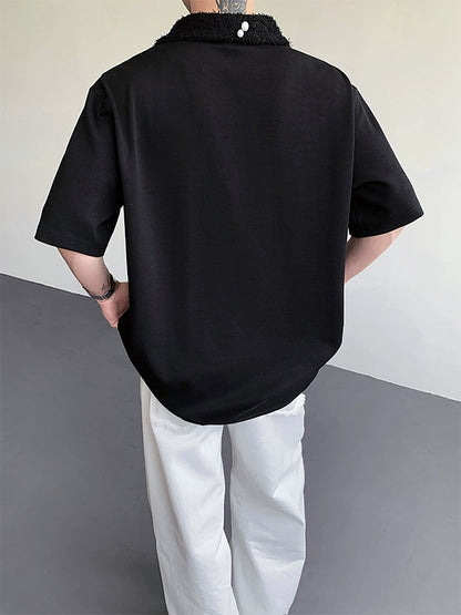 Fake Fur Collar Pearl PatchShort Sleeve Polo Shirt WN19306