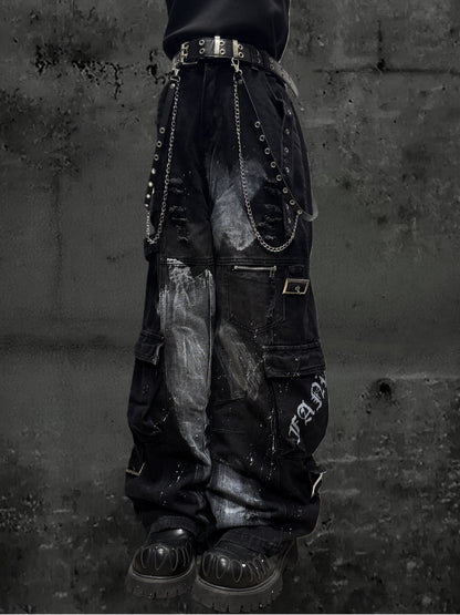 Paint Splash Cargo Wide Leg Pants & Skull Belt & Belt Chain WN23815