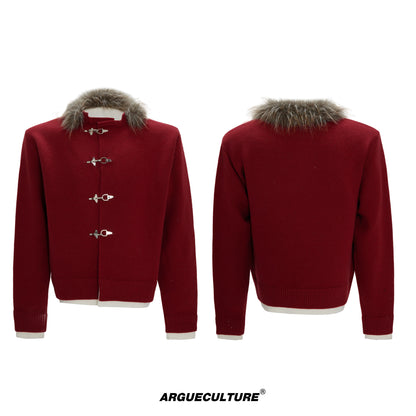 Sequin Fake Fur Collar Metal Buckle Knit Cardigan WN22592