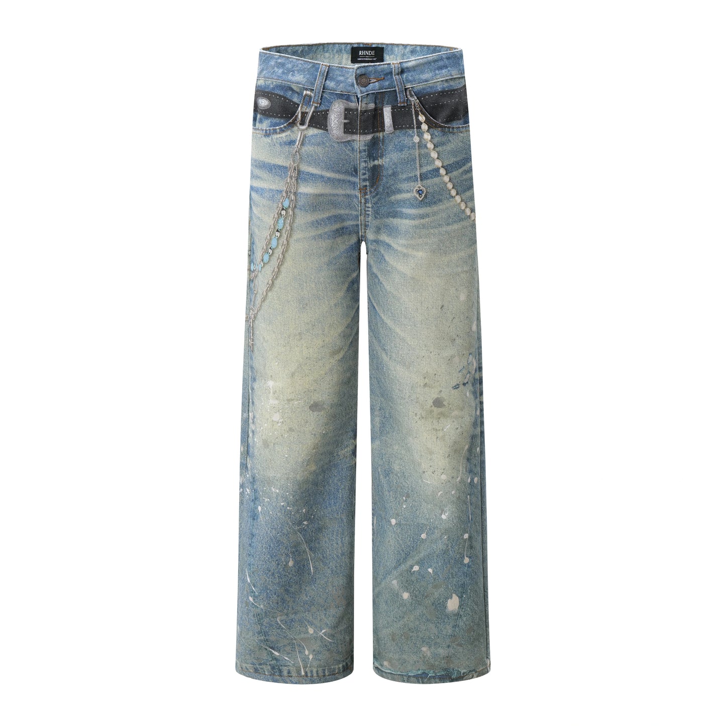 Washed 3D Print Paint Wide-Leg Straight Denim Jeans WN9908