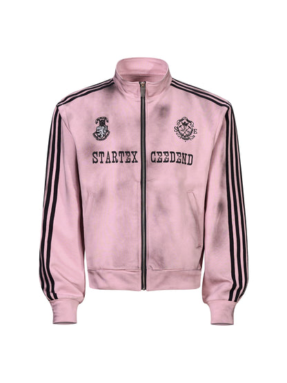 Four-Bar Spray Damage Stand Neck Zopper Jacket & Wide Leg Pants Set WN21811