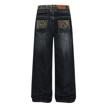 Fake Layered Leopard Print Wide Leg Denim Jeans WN26148