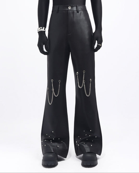 PU Leather Chain Studs Decor Flare Pants WN23727