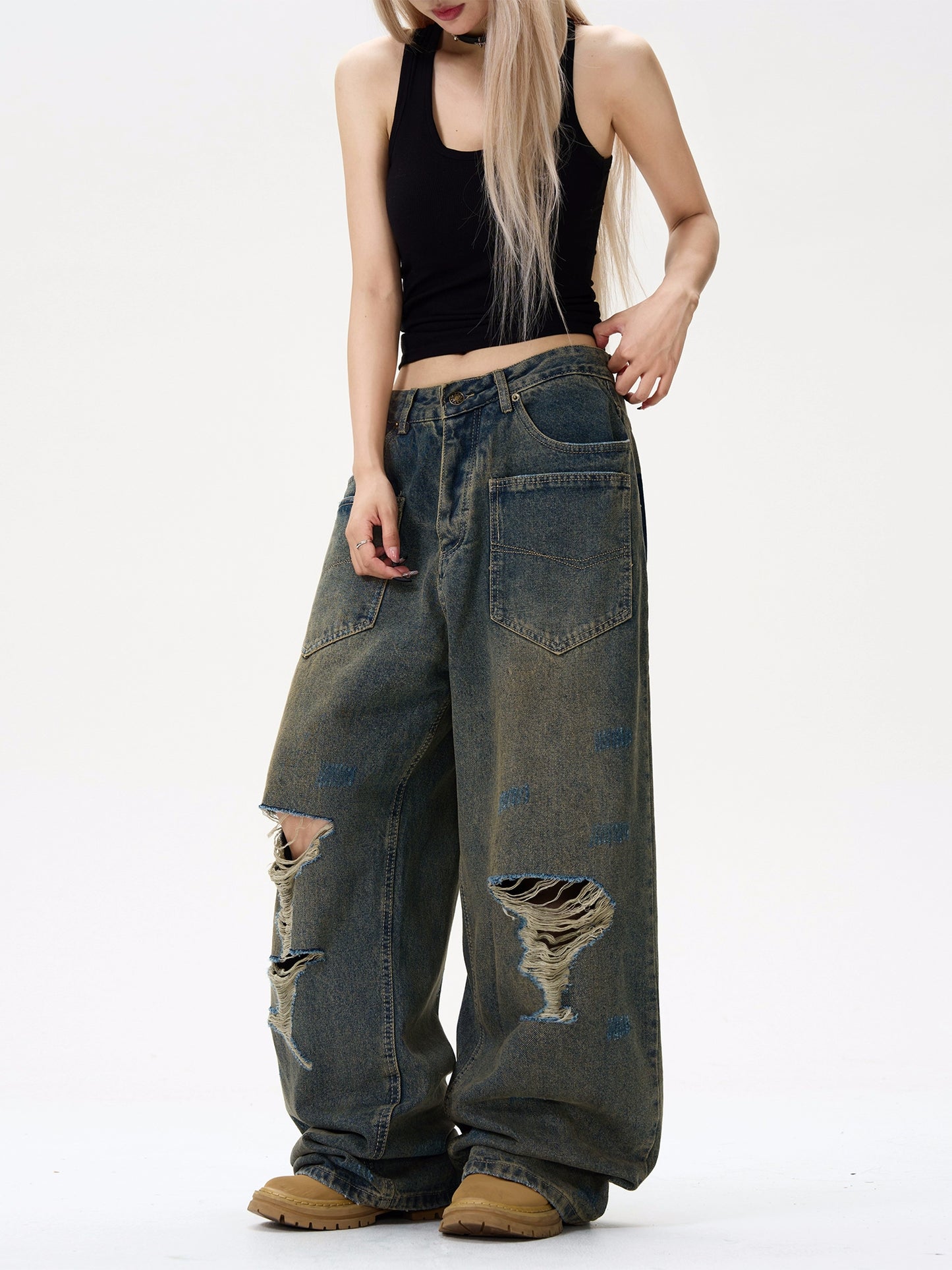 Damage Reverse Design Wide Leg Straight Denim Jeans WN8451