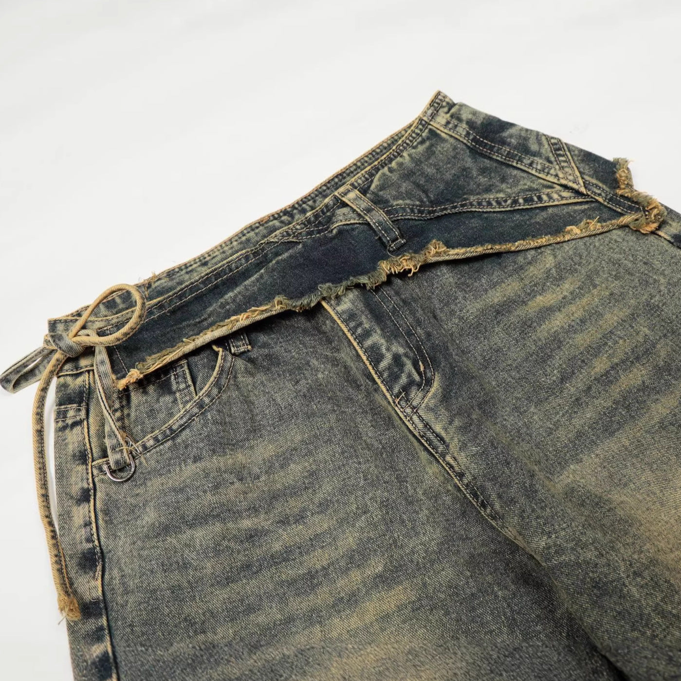 Washed Frayed Wide Leg Straight Denim Jeans WN23039