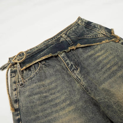 Washed Frayed Wide Leg Straight Denim Jeans WN23039