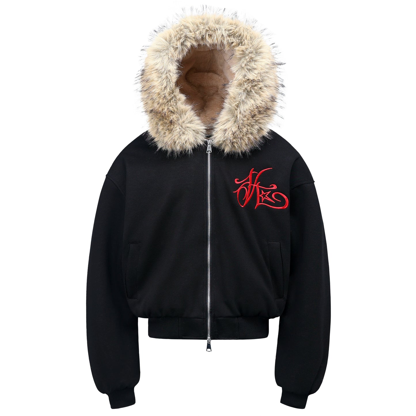 Hooded Embroidered Fake Fur Padded Jacket WN22201