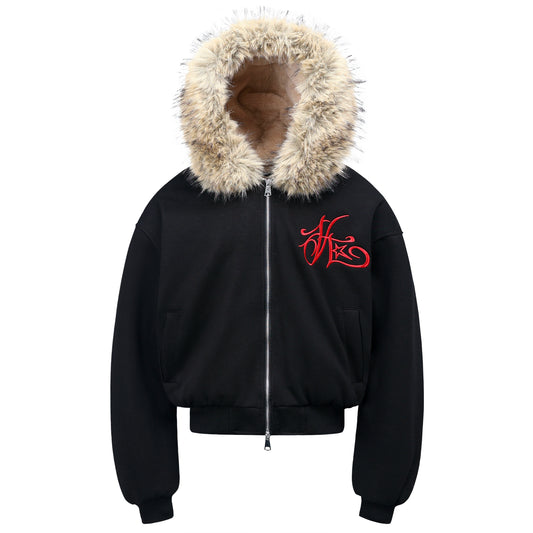 Hooded Embroidered Fake Fur Padded Jacket WN22201
