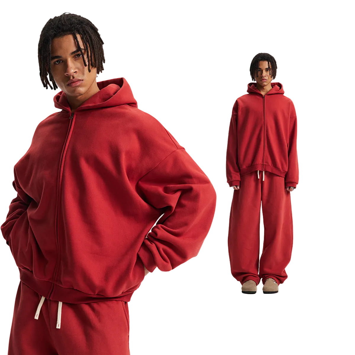 Fleece Lining Side Pocket Zipper Hoodie & Fleece Lining Wide Leg Sweatpants Setup WN23114