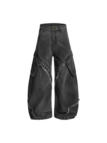 Raw Hem Deconstructed Curved Wide Leg Denim Jeans WN24233
