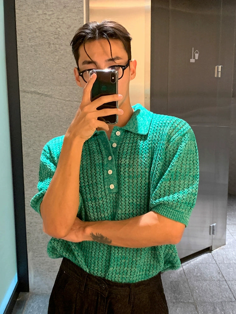 Hollow-Out Knit Short Sleeve Polo Shirt WN20259