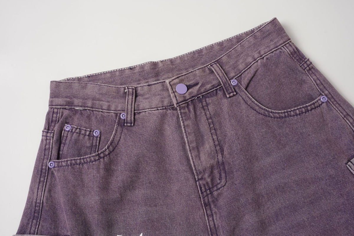 Washed Panel Wide Leg Letter Denim Jeans WN27951