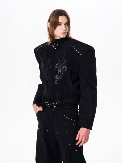 Suede Patchwork Leather Shoulder-Pad Stand Neck Padded Jacket & Pants Setup WN23255