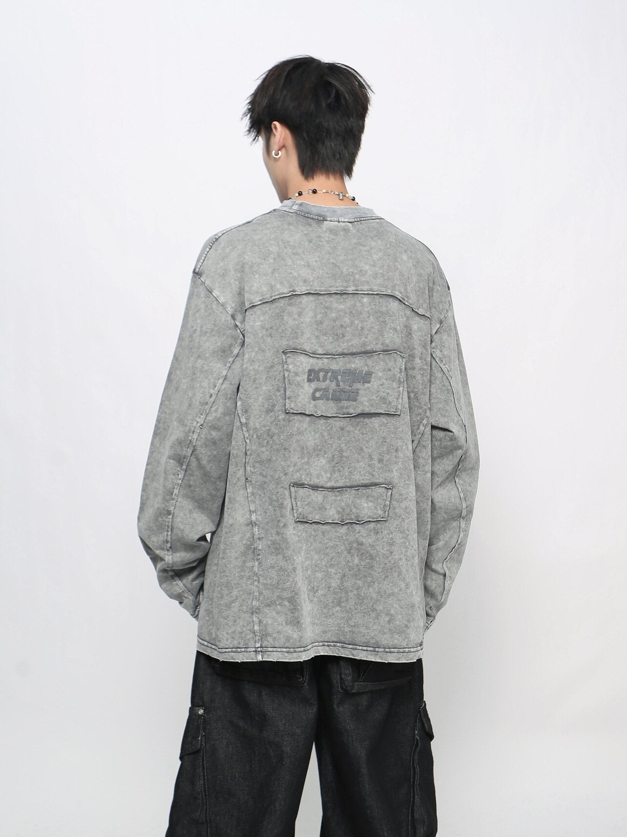 Washed Deconstructed Appliqué Oversize Long Sleeve T-Shirt WN24471
