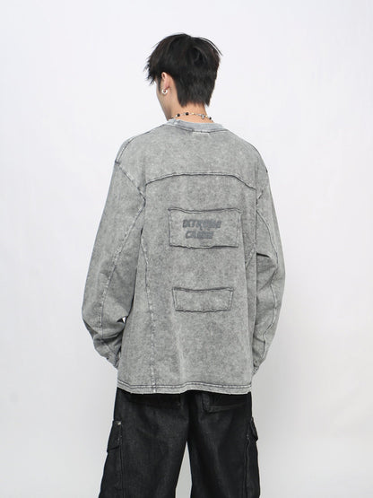 Washed Deconstructed Appliqué Oversize Long Sleeve T-Shirt WN24471