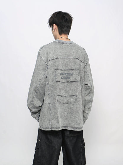 Deconstruction Applique Washed Long Sleeve T-Shirt WN21035