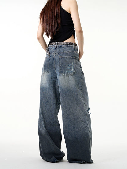 Damage Wide Leg Denim Jeans WN7638