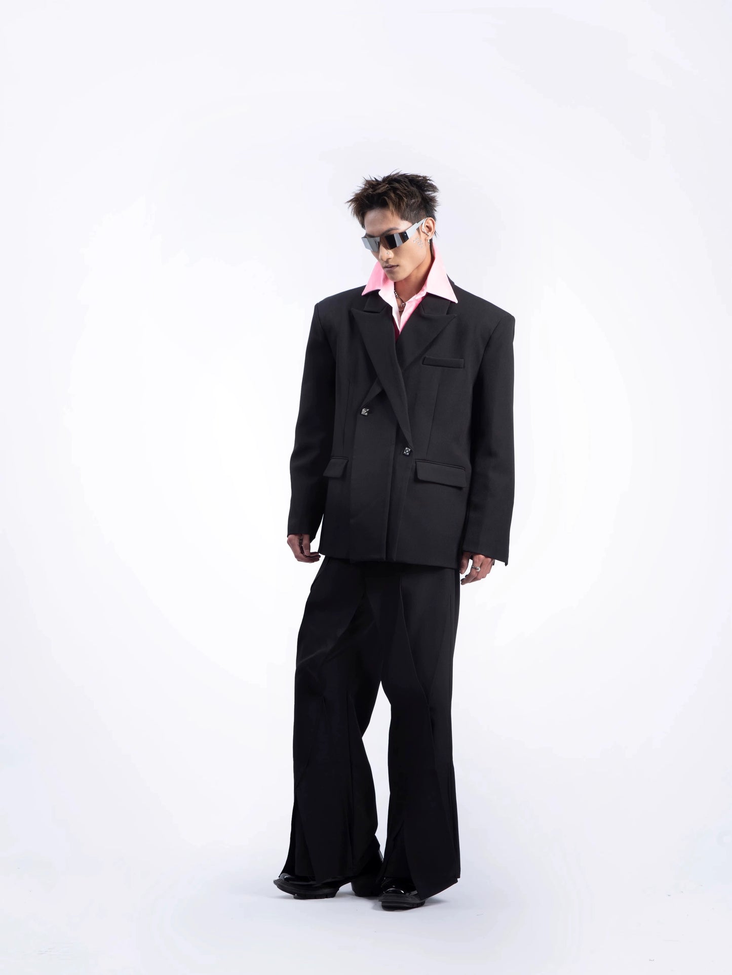 Asymmetrical Oversize Tailored Jacket & Draped Wide Leg Trousers Setup WN20636