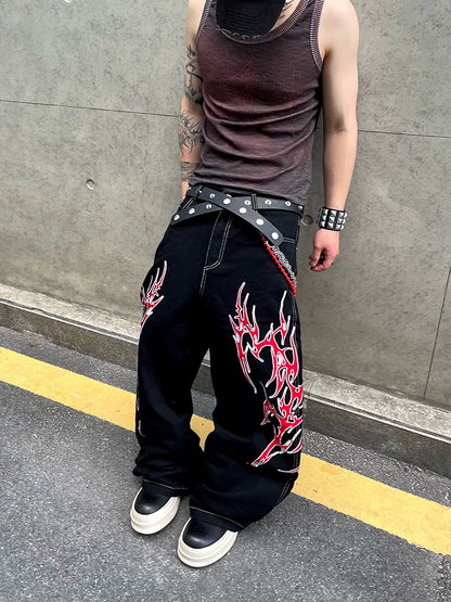 Thorn Embroidery Wide Leg Denim Jeans WN18848