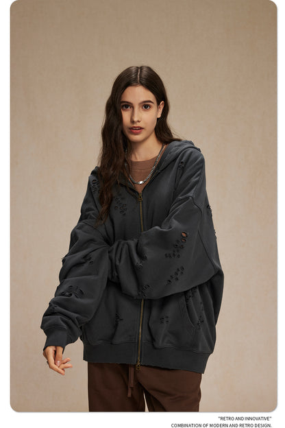 Oversize Damage Double Zipper Hoodie WN9975