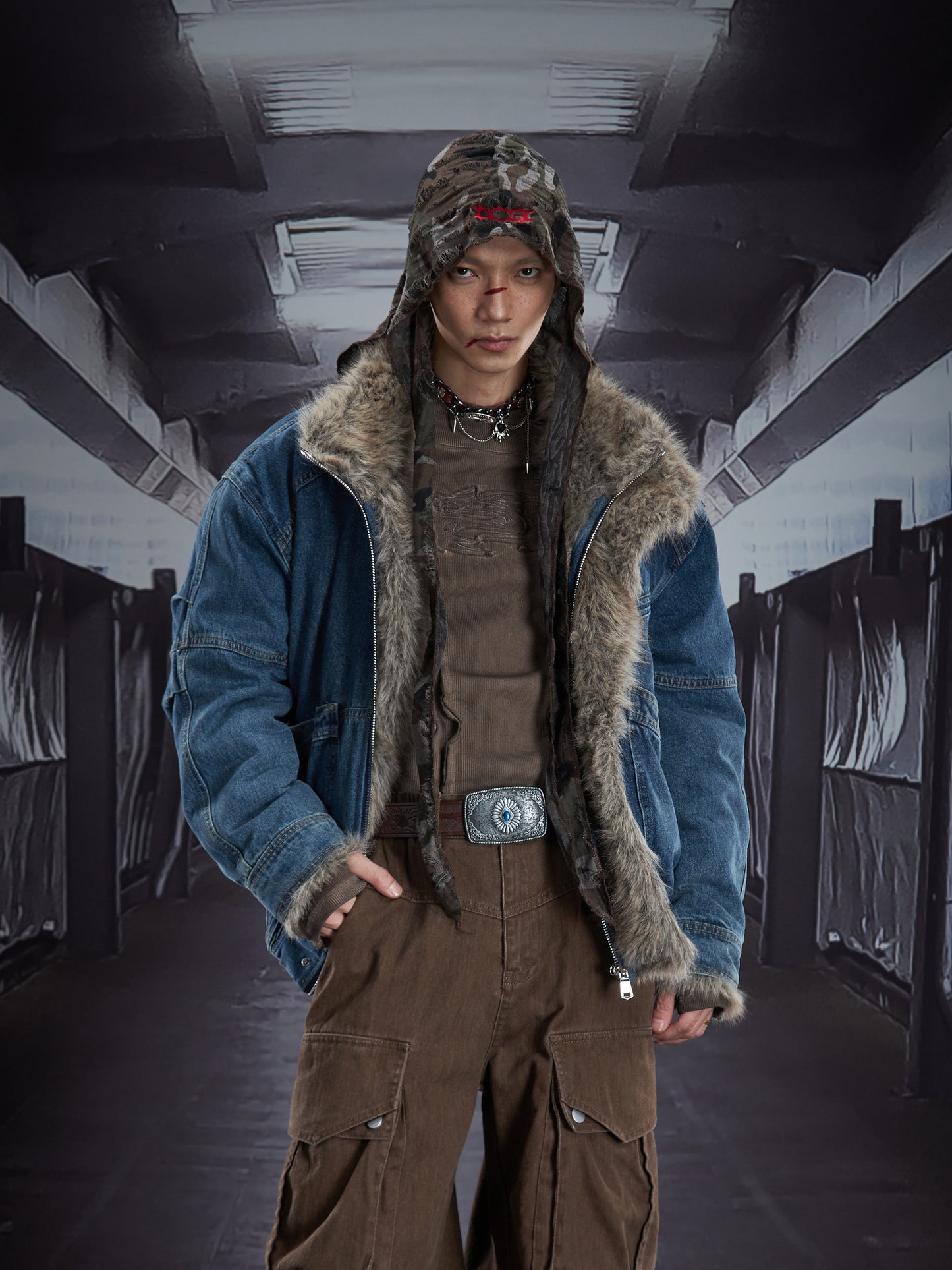 Denim Patchwork Eagle Patch Fake Fur Padded Jacket WN22913