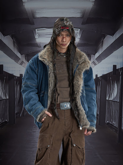 Denim Patchwork Eagle Patch Fake Fur Padded Jacket WN22913