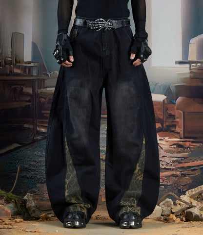 Deconstruction Splicing Leopard Washed Wide Leg Denim Jeans WN21361