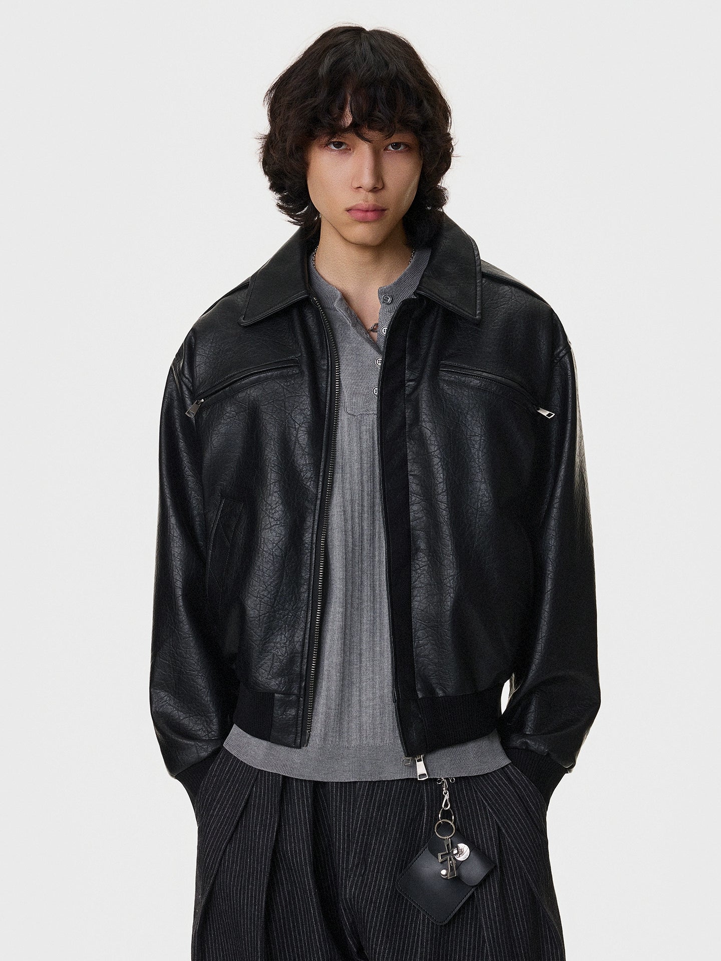 Textured Multi-Pocket Short PU Leather Jacket WN21394