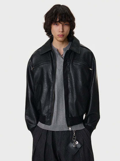 Textured Multi-Pocket Short PU Leather Jacket WN21394