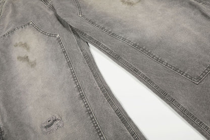 Dirty Washed Damage Panel Wide Leg Denim Jeans WN25917